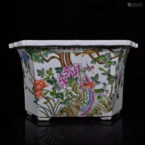 A Famille Rose Peony Phoenix Pattern Porcelain Hexagon Flowerpot