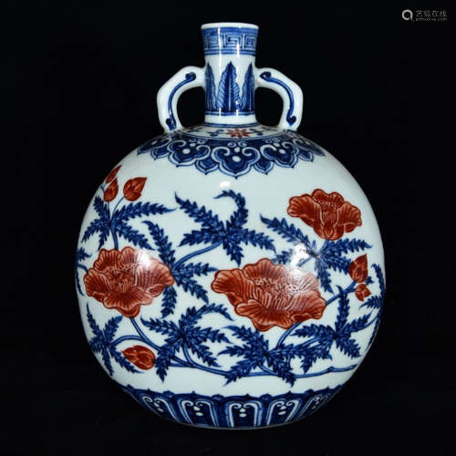 A Blue and White Iron Red Floral Porcelain Double Ears Oblate Vase