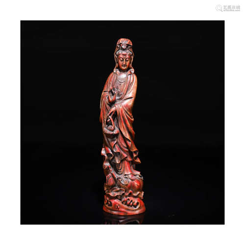 A Boxwood Carved Buddha Statue of The Fish Basket Guanyin