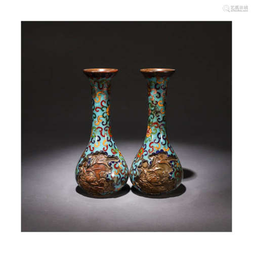 A Pair of Flowers Carved Cloisonne Vase