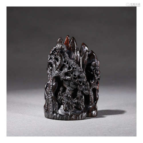 A Pine and Figure Carved Red Sandalwood Rockery Ornament