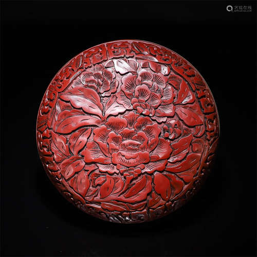 A Peony Carved Red Lacquerwork Box with Cover