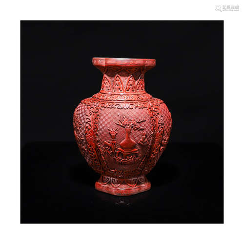 A Bogu Pattern Carved Red Lacquerwork Plump Belly Vase