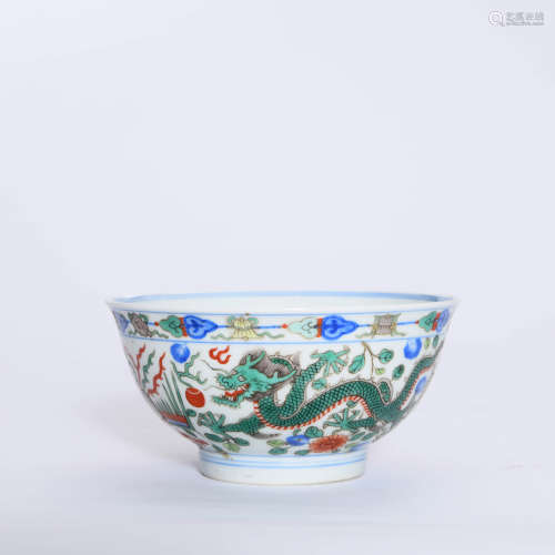 A Blue and White Famille Verte Dragon&Phoenix Pattern Porcelain Bowl