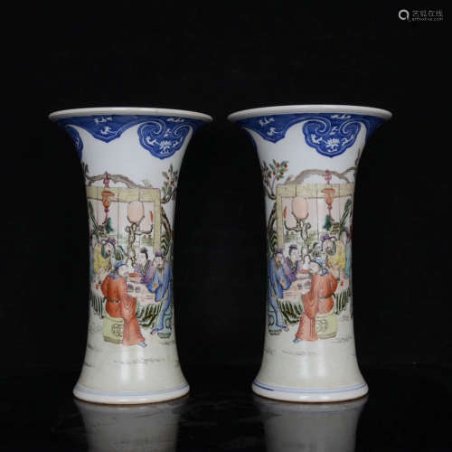 A Pair of Famille Rose Figures Porcelain Beaker Vase