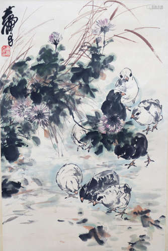 A Chinese Chicken Painting Scroll, Huang Zhou Mark