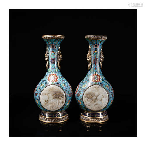 A Pair of Hetian Jade Inlaid Landscape Cloisonne Vase