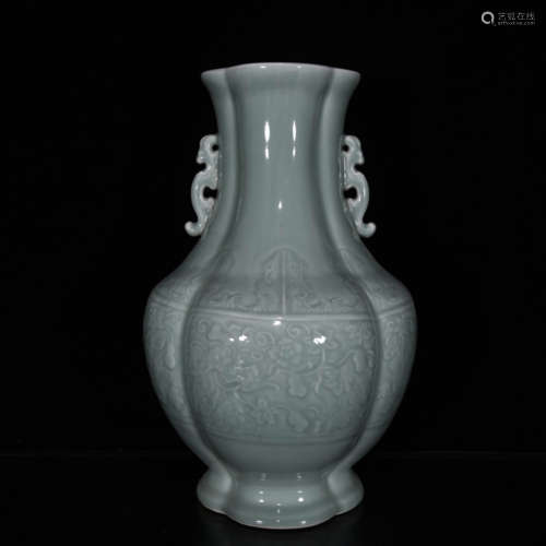 A Pea Green Glazee Floral Relief Porcelain Double Ears Vase