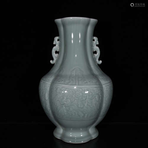 A Pea Green Glazee Floral Relief Porcelain Double Ears Vase