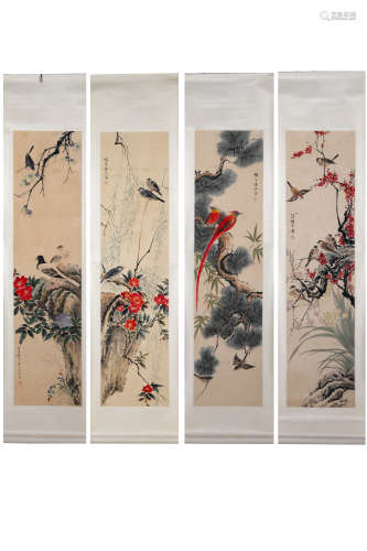 Chinese Ink And Color Scroll Painting Set Of 4,  Wang Shensheng Mark