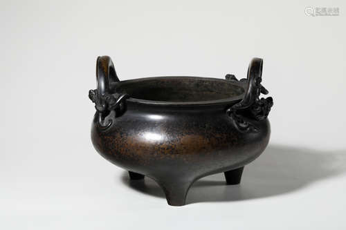 Chinese Bronze Incense Burner With Dragon Handles