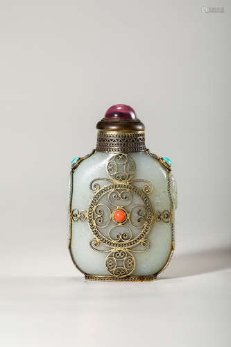 Chinese Celadon Jade Silver Wire Snuff Bottle