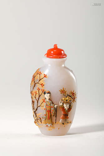 Chinese Embellished White Jade Snuff Bottle