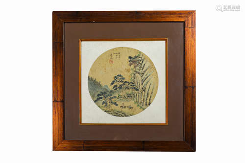 Chinese ink and color landscape on silk, framed