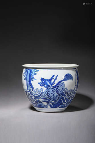 Chinese Blue White Qilin Porcelain Fish Jar