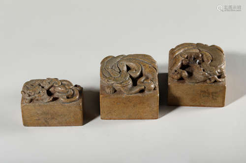 Chinese Set Of 3 Stone Dragon Seals