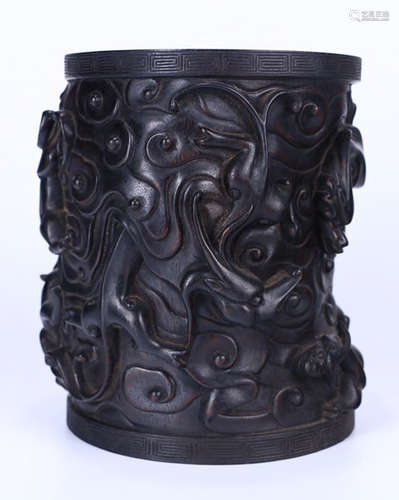 ZITAN WOOD CARVED DRAGON PATTERN BRUSH POT