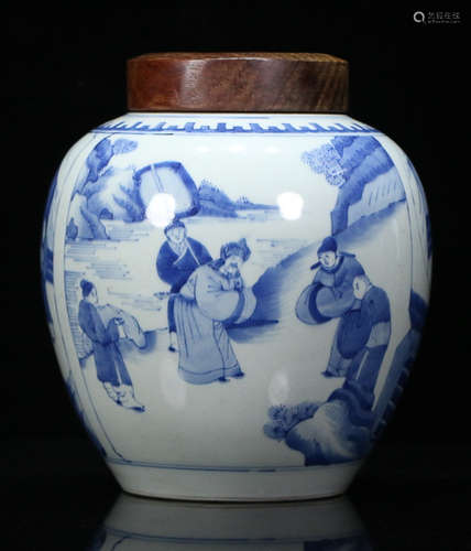 BLUE&WHITE GLAZE JAR WITH FIGURE PATTERN