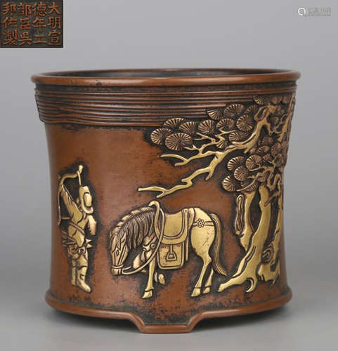 DAMINGXUANDENIANZHI MARK GILT BRONZE BRUSH POT