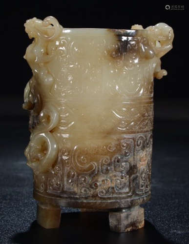 ANTIQUE JADE CARVED CUP WITH DRAGON PATTERN