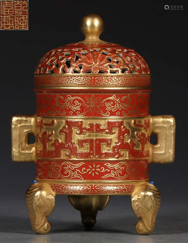 DAQINGQIANLONGNIANZHI MARK ALUM RED GLAZE CENSER