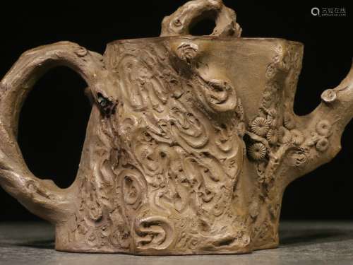 Overseas Backflow. Old Collection.  Handmade Zisha Teapot in the Shape of Pine Tree Stump, Chen Yinqian's Style