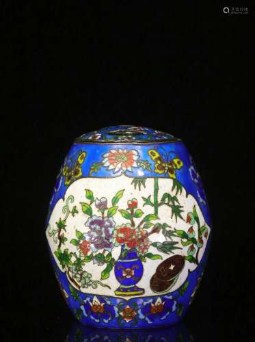Backflow.Copper Bodied Tea Canister with Enamel Flowers Design, the Republic of China