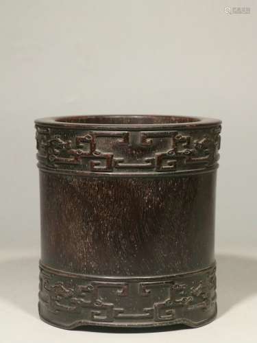 Overseas Backflow. Old Collection. Red Sandalwood Brush Pot with Hand-carved Dragon