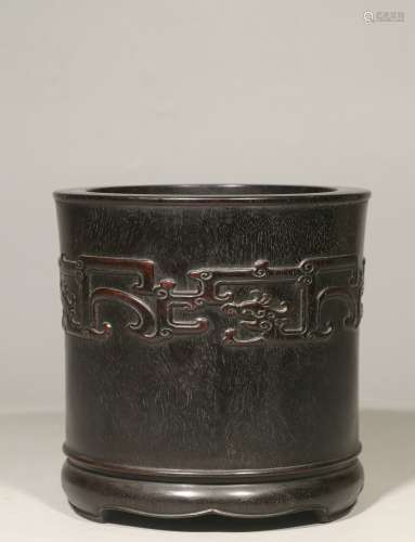 Overseas Backflow. Old Collection. Red Sandalwood Brush Pot with Hand-carved Dragon Design