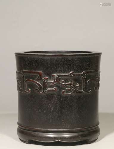 Overseas Backflow. Old Collection. Red Sandalwood Brush Pot with Hand-carved Dragon Design