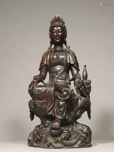 Overseas Backflow. Old Collection. Hand-carved Red Sandalwood Figurine of Seated Avalokitesvara