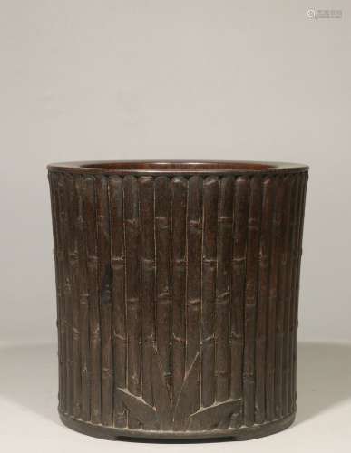 Overseas Backflow. Old Collection. Red Sandalwood Brush Pot with Hand-carved Bamboo Joints
