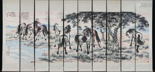 chinese ten-screen painting by xu beihong with inscription by yu youren,liu yazi,guo moruo,lu yanshao in modern times