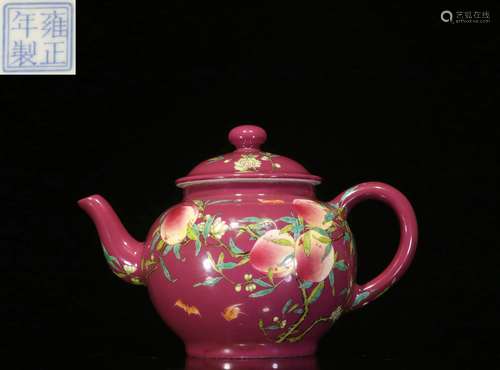 Backflow. Porcelain Teapot with Hand-painted Bats and Peaches Designs and Yongzheng Reign Mark  , the Republic of China