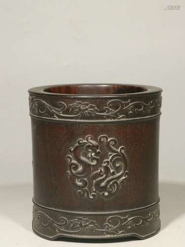 Overseas Backflow. Old Collection.  Hand-carved Red Sandalwood Brush Pot with Dragon, Phoenix and Flowers Designs