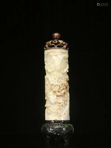 Overseas Backflow. Old Collection. Hetian White Jade Incense Container with Hand-carved Pine, Bamboo and Plum Designs