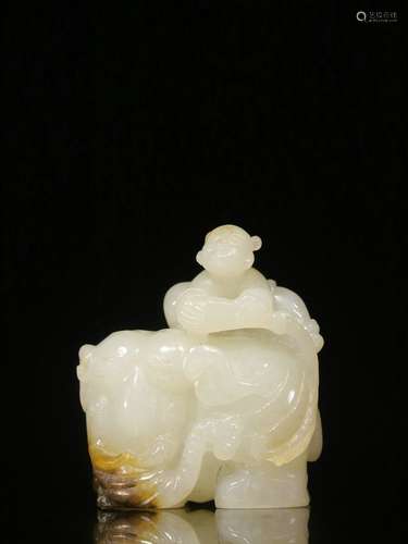 Hetian Jade Piece with Hand-carved Design of A Boy Riding on an Elephant