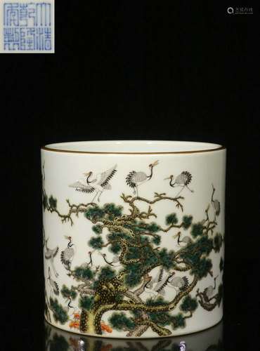 Backflow.Quality Good .  Brush Pot with Hand-painted Famille Rose Pines and Cranes Patterns and Qianlong Reign Mark , the Republic of China