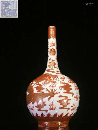 Backflow. Red-glazed Vase with a Long Neck , Gold-traced Dragon Design and Qianlong Reign Mark  , the Republic of China