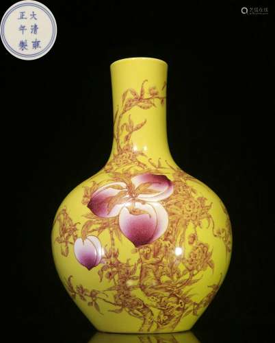 Backflow.Quality Good . Hand-painted Famille Rose Globular Vase on a Yellow Ground with Yongzheng Reign Mark , the Republic of China