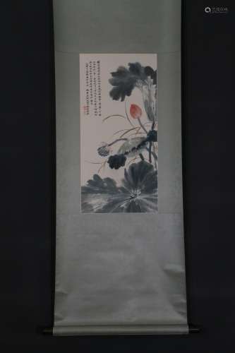 chinese vertical painting of lotus flower by wu hufan in modern times