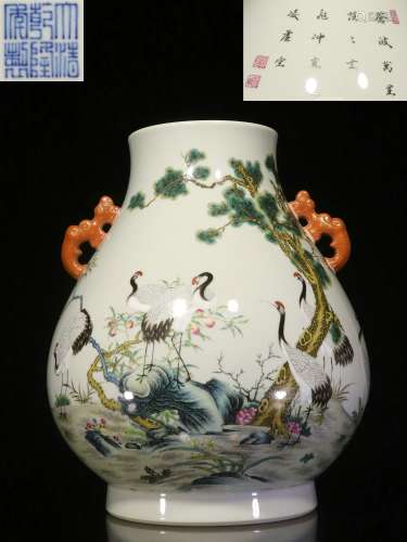 Backflow.Quality Good .  Famille Rose Vase with Double Ears , Hand-painted Pines and Cranes  and Qianlong Reign Mark ,  the Republic of China