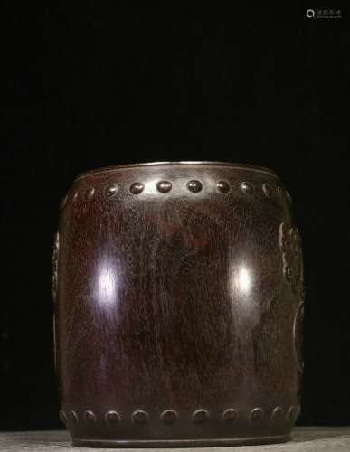 Overseas Backflow. Old Collection. Red Sandalwood Brush Pot with Hand-carved Lion's Heads and Drumnails Designs