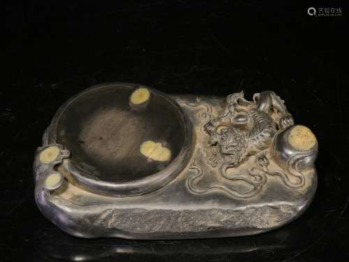Backflow.  Duan Inkstone with Hand-carved Lions and Verses   ,Hong Ying's Style, the Late Qing Dynasty