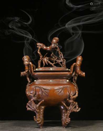 Backflow.Boxwood Incense Burner with Hand-carved Bamboo Joint , the Republic of China