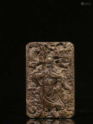 Overseas Backflow. Old Collection. Eaglewood Tablet  with Hand-carved Guan Yu