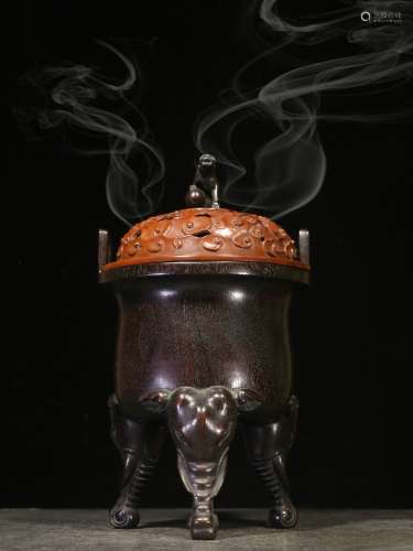 Overseas Backflow. Old Collection. Hand-carved Red Sandalwood  Incense Burner with Double Ears and Three Elephant Feet(Boxwood Lid)