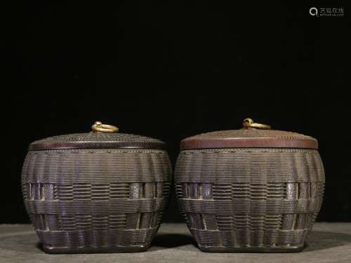 Overseas Backflow. Old Collection. A Pair of Red Sandalwood  Tea Canisters  with Hand-carved and Weaved Patterns