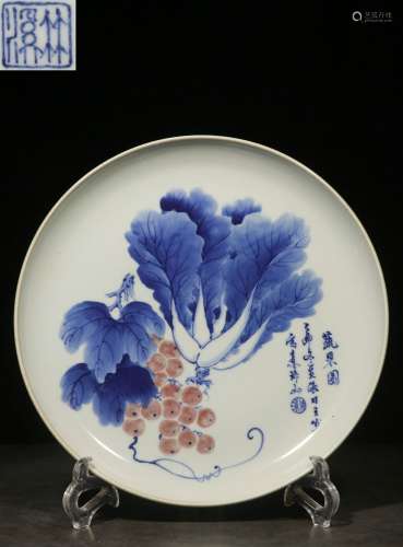 Backflow. Blue-and-white Plate with Hand-painted Fruits and Vegetables , Wang Bu's Style ,in the twentieth century