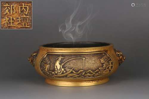 Old Colletion  Gilt Copper Bodied Censer with Animal-shaped Ears and Fishing Jiang Taigong Design, 